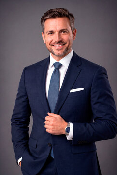 Professional portrait of a confident smiling businessman wearing an elegant navy blue suit, white shirt and patterned tie against a neutral gray studio background. Polished corporate headshot represen