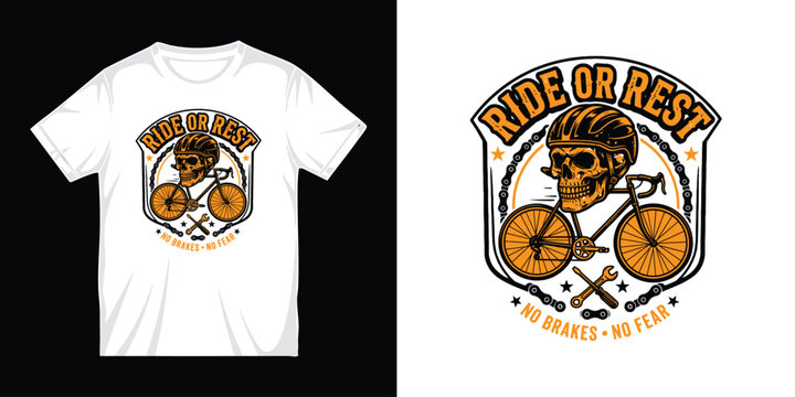 Skull wearing bicycle helmet on road bike with orange and black colors for adventure sports t shirt design and cycling enthusiast emblem art. t-shirt