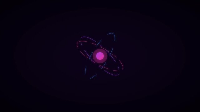 Neon atom model animation: glowing science particle orbiting nucleus 4k background, physics