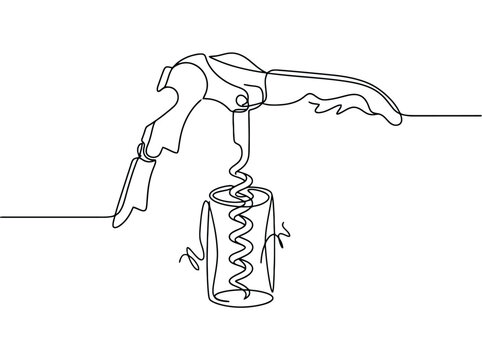 A single line drawing shows a corkscrew uncorking a wine bottle with a minimalist aesthetic.