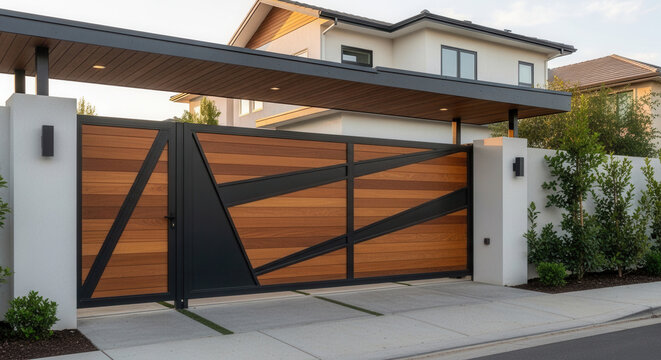 Modern Luxury Home Entrance Automated Gate System With Wood And Metal Accents