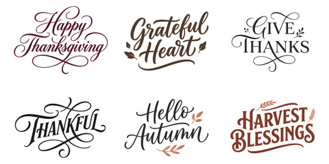 A collection of beautiful hand lettered thanksgiving phrases and autumn greetings for festive celebrations © ABDULHAMID