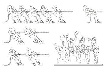 Obraz premium Vector line drawing set of people competing in a team tug-of-war sport match