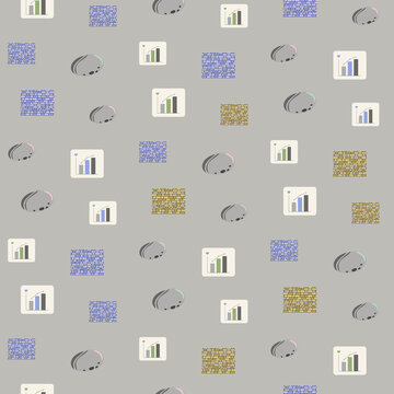 Seamless pattern of bar charts, brick walls, and pebbles