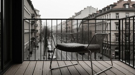 Obraz premium Minimalist wire armchair on wooden balcony overlooks busy city street with buildings. Modern outdoor furniture provides urban living space and quiet city view.
