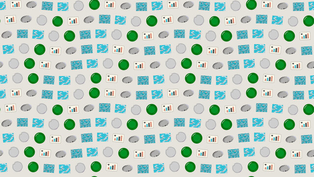 Seamless pattern of green circles, grey ovals, charts, and bricks
