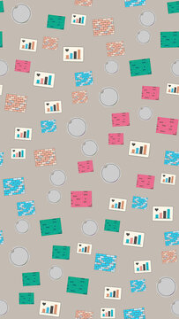 Seamless pattern of stylized bricks, bar charts, and circles
