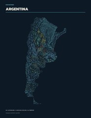 River network map of Argentina, rivers and streams colored by drainage basin on dark navy background © Tanarom