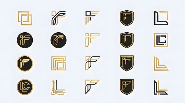 Minimalist geometric logo design elements arranged in a creative grid layout with gold accents and black background