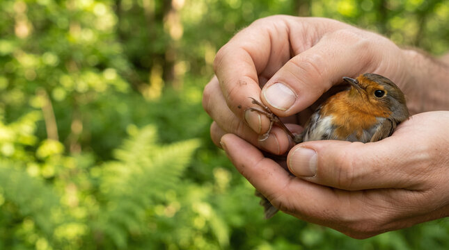 Person holding small robin bird gently in hands outdoors in nature