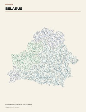 River network map of Belarus, rivers and streams colored by drainage basin on cream background