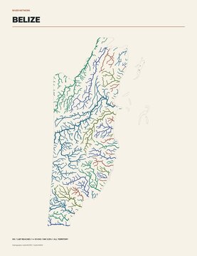 River network map of Belize, rivers and streams colored by drainage basin on cream background