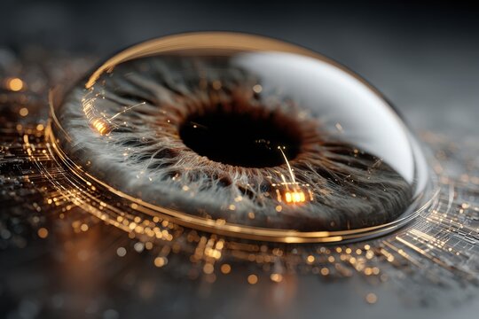 Close-up of a smart contact lens with a tiny glowing HUD, futuristic vision concept.