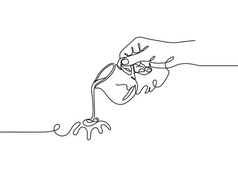 A single line drawing shows a hand pouring liquid from a cup while it spills