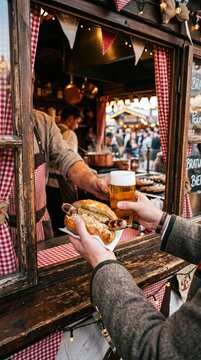Customer in traditional bavarian jacket buying bratwurst and draft beer at oktoberfest stall