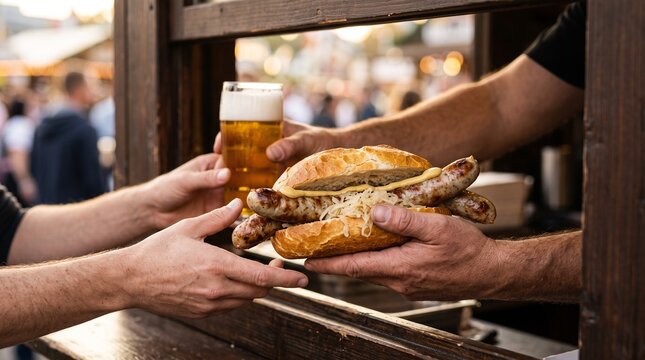 Framed POV of vendor exchanging double bratwurst and draft beer at bustling german festival with space for text