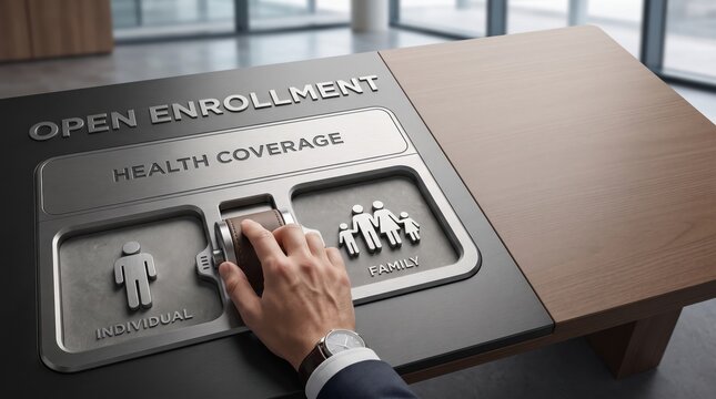 Open Enrollment Health Coverage Selection Between Individual and Family Plans for Workplace Employee Benefits and Corporate Healthcare Administration