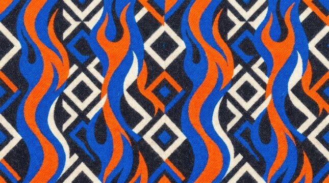 Abstract geometric pattern with blue and orange flame motifs