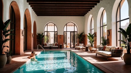 Obraz premium Woman relaxes in sunny resort pool area. Luxury hotel lounge features modern design and warm architecture. Outdoor seating surrounds blue water.