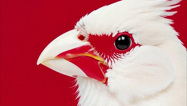 Close up portrait of a beautiful white bird with red accents on a solid red background.