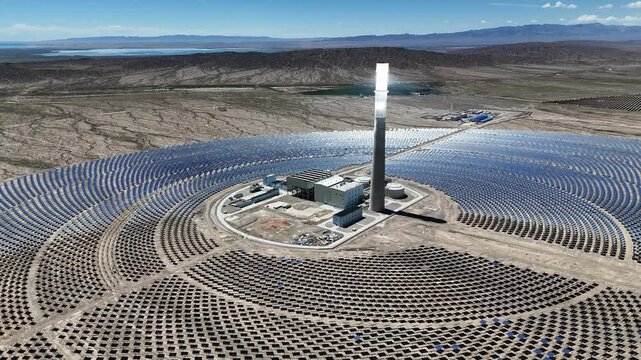Aerial view of molten salt tower solar thermal power plant in desert