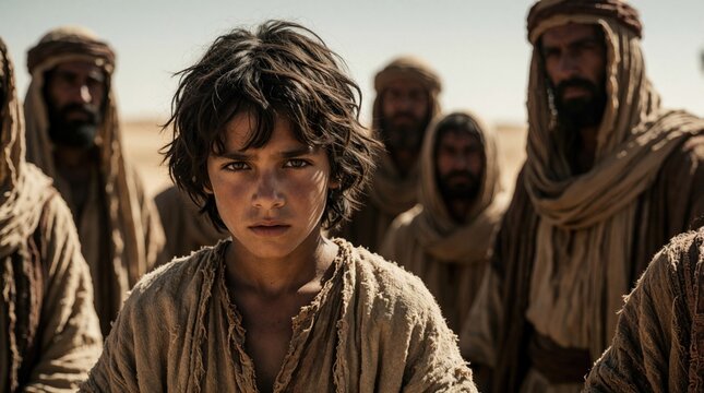 Young boy Joseph looks with fear, sadness in dry desert. Brothers, Midianite traders stand behind in ancient biblical scene. Dramatic sunlight hits boy face as faces betrayal, hardship in middle east.
