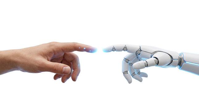 Futuristic robot hand touching human finger, artificial intelligence and human connection concept, robotic arm reaching out with blue light glow isolated PNG with Transparent Background