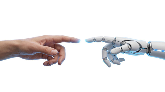 Futuristic robotic hand touching human finger, artificial intelligence and human connection concept, cyborg and person reaching out with glowing blue light isolated PNG with Transparent