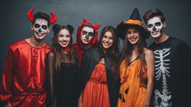 Halloween party group of friends in spooky costumes, diverse people in devil and witch outfits with skull face paint, festive celebration of young adults