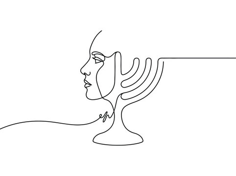 Single line drawing of a woman with a menorah emerging from her head symbolizing spiritual connection