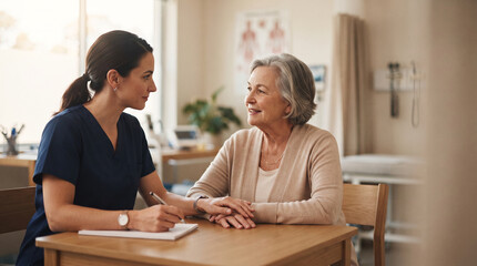 Fototapeta premium Nurse taking notes while consulting with senior female patient in clinic