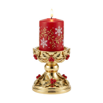 Red christmas candle with gold snowflake pattern in a decorative holly berry candle holder isolated on transparent background