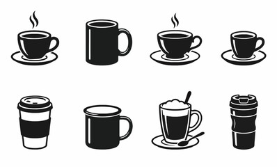 Obraz premium Coffee and Tea Cup Icon Set, Black Vector Silhouettes