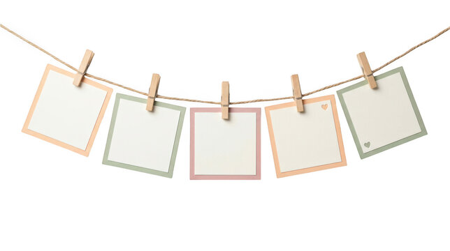 Five blank colorful square paper cards hanging on a string with wooden clips isolated on transparent background