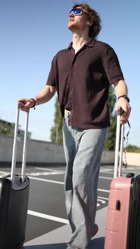 Vertical screen confused traveler checks his watch with suitcases while searching for transport worried he may miss departure and struggling to find the correct ride in time