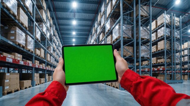 Worker uses tablet with green screen in modern warehouse aisle. Rows of shelves hold many boxes. This shows inventory management and logistics operations.