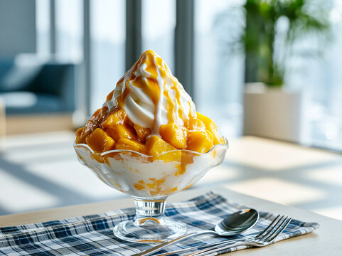 Korean mango bingsu with fresh mango cubes and condensed milk drizzle