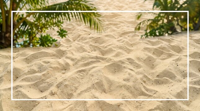 Natural fine beach sand texture background with tropical palm tree leaves border frame