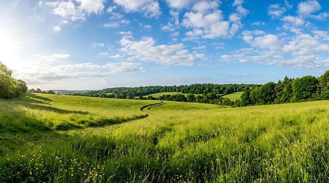 Panoramic view of a lush green meadow with rolling hills and blue sky with clouds in the countryside