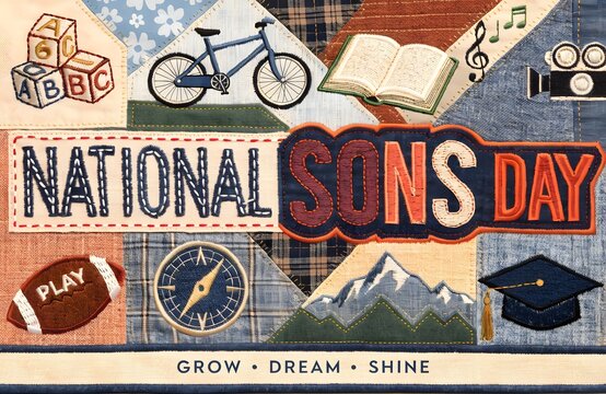 National sons day celebration graphic with hobby icons like bicycle book sports