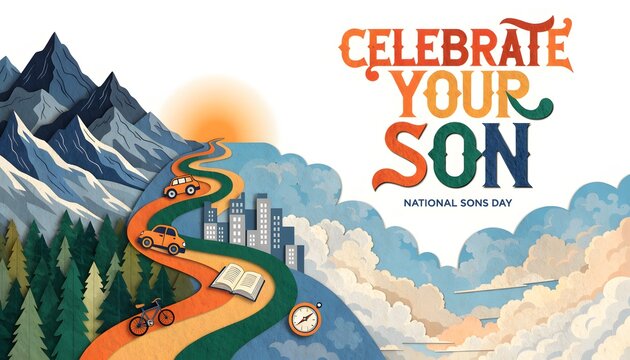 Celebrate your son concept illustration with winding road through landscape and milestones