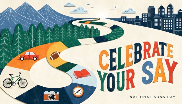 Illustrated national sons day greeting card design featuring mountain landscape and city