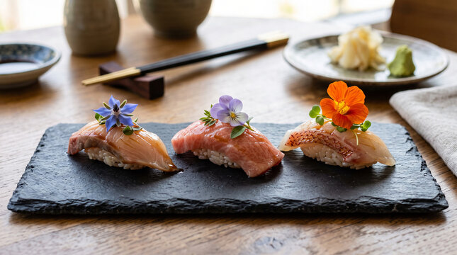 Three distinct pieces of designer nigiri with amberjack, otoro, and red snapper, brushed with nikiri glaze and topped with edible flower blossoms.