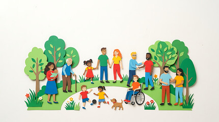 Fototapeta premium Diverse Paper Cutout People and Green Trees Flat Lay Concept for Community Unity Social Inclusion Environmental Sustainability and Global Collaboration