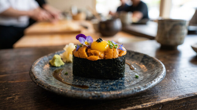 A contemporary gunkan maki with sea urchin and quail egg yolk on seasoned rice wrapped in nori, garnished with edible flowers on pottery.