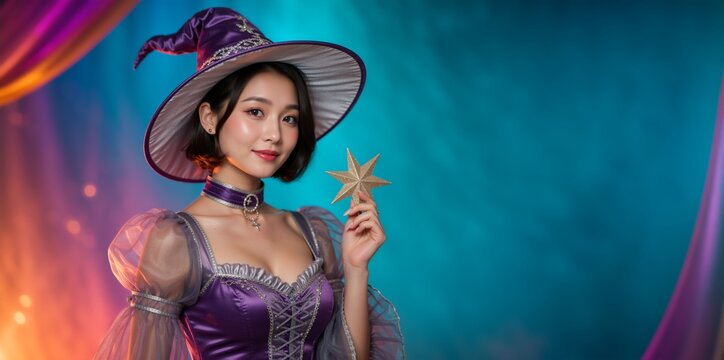 Young Asian woman in purple witch costume holding a gold star. Halloween cosplay portrait. Copy space for text