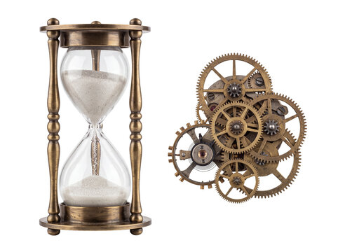 Vintage brass hourglass clock gears isolated on black background representing time management, passing of time, mechanical mechanism, antique steampunk deadline measurement concept and vintage physics