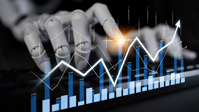 A robotic hand interacts with stock market graphs, showcasing data trends and upward growth indicators in a modern financial setting, symbolizing technology in investment. Scalp