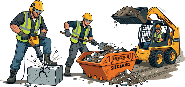 Construction workers operate machinery and clear debris at a site vector illustration demolition equipment clearance