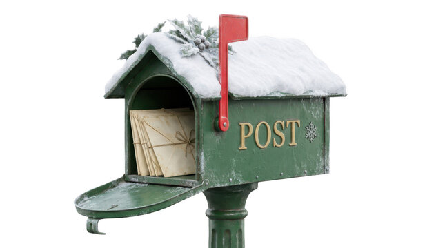 Vintage green mailbox filled with letters isolated on transparent background